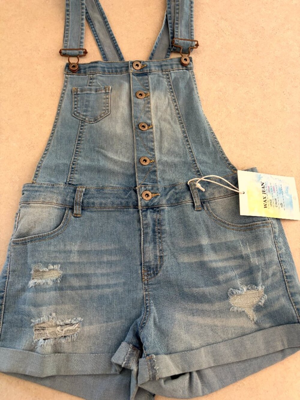 NWT Wax Jean Women Junior Blue Denim Short Overalls Romper  Size L - Picture 2 of 10